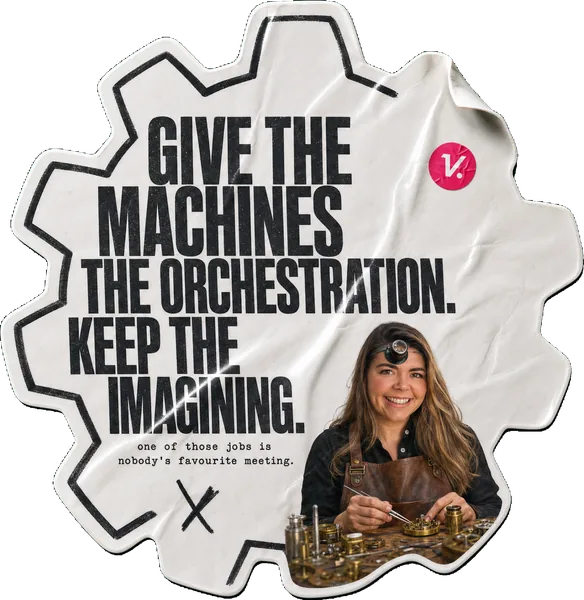 A cog-shaped sticker reading GIVE THE MACHINES THE ORCHESTRATION. KEEP THE IMAGINING., with Rosie Arrowsmith as a clockmaker at her bench.