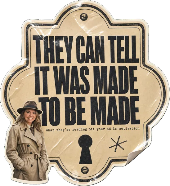 A keyhole-plate sticker reading THEY CAN TELL IT WAS MADE TO BE MADE, with Rosie Arrowsmith as a hotel detective in a trench coat.