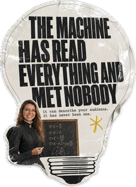 A lightbulb-shaped sticker reading THE MACHINE HAS READ EVERYTHING AND MET NOBODY, with Rosie Arrowsmith as a Victorian lecturer at a chalkboard.
