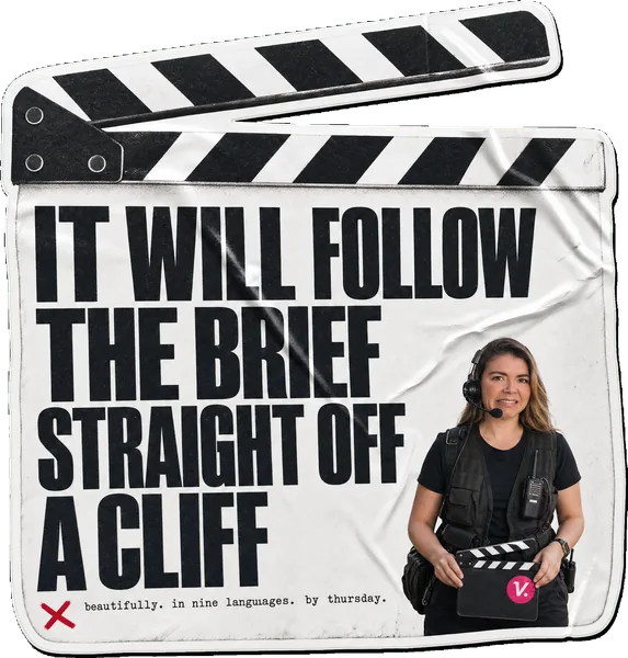 A clapperboard sticker reading IT WILL FOLLOW THE BRIEF STRAIGHT OFF A CLIFF, with Rosie Arrowsmith as a first AD on an empty set.
