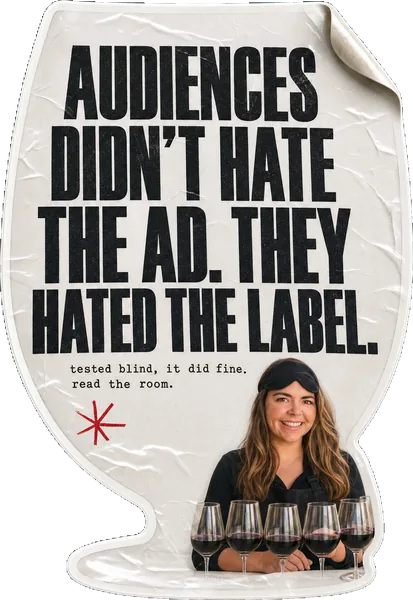 A wine glass sticker reading AUDIENCES DIDN'T HATE THE AD. THEY HATED THE LABEL., with Rosie Arrowsmith as a blind-tasting judge at a table of unlabelled glasses.