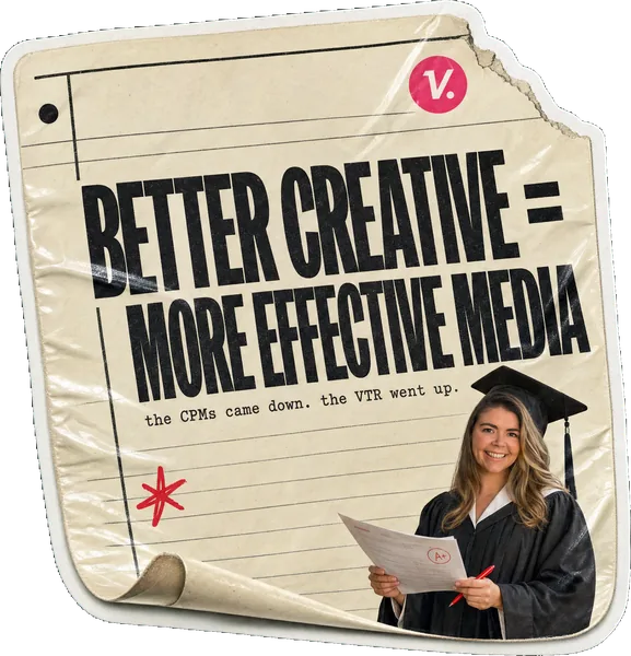 A school-report-card sticker reading BETTER CREATIVE = MORE EFFECTIVE MEDIA, with Rosie Arrowsmith in an academic gown handing back a marked paper.