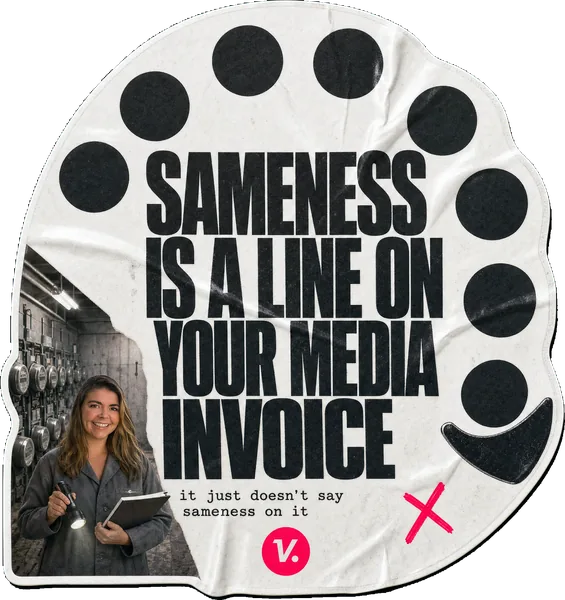 A rotary-dial sticker reading SAMENESS IS A LINE ON YOUR MEDIA INVOICE, with Rosie Arrowsmith as an inspector in a basement of identical meters.