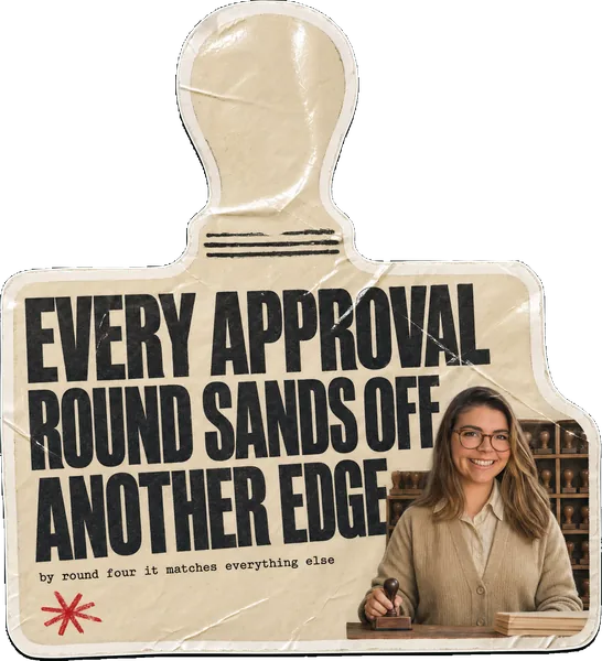 A rubber-stamp sticker reading EVERY APPROVAL ROUND SANDS OFF ANOTHER EDGE, with Rosie Arrowsmith as a stamp clerk at a counter of identical stamps.