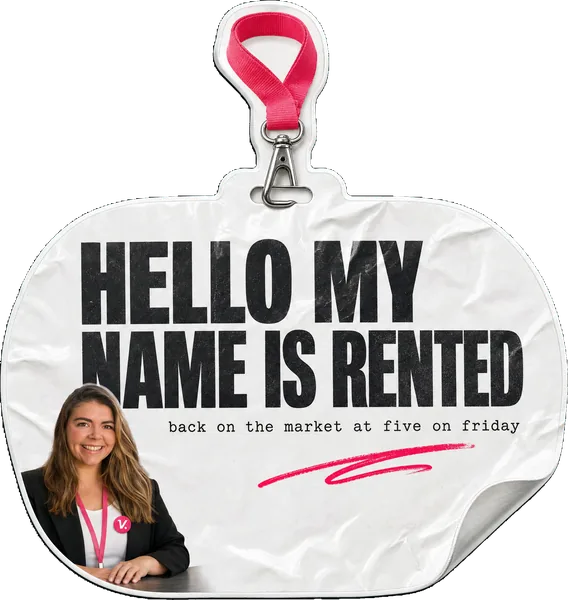 A conference name-badge sticker reading HELLO MY NAME IS RENTED, with Rosie Arrowsmith behind a registration desk in a lanyard.