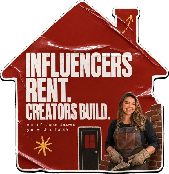 A house with a pitched roof sticker reading INFLUENCERS RENT. CREATORS BUILD., with Rosie Arrowsmith as a bricklayer in a leather apron.