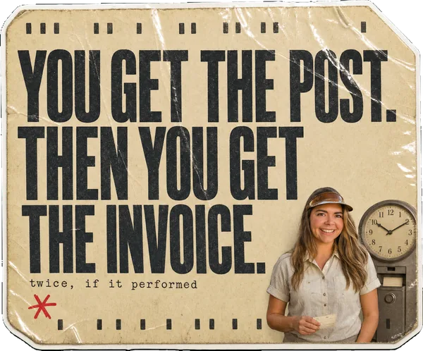 A punch-card sticker reading YOU GET THE POST. THEN YOU GET THE INVOICE., with Rosie Arrowsmith as a factory timekeeper in a green visor.