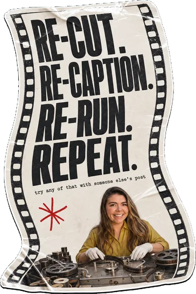 A film-strip sticker reading RE-CUT. RE-CAPTION. RE-RUN. REPEAT., with Rosie Arrowsmith as a film editor at a flatbed bench.