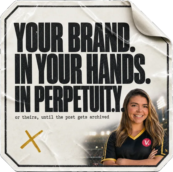 A trading-card sticker reading YOUR BRAND. IN YOUR HANDS. IN PERPETUITY., with Rosie Arrowsmith in a team kit in a player portrait.
