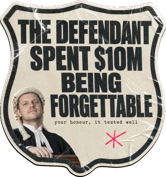 An off-white shield-crest sticker reading THE DEFENDANT SPENT $10M BEING FORGETTABLE, with Alex Morris as a judge in a wig.