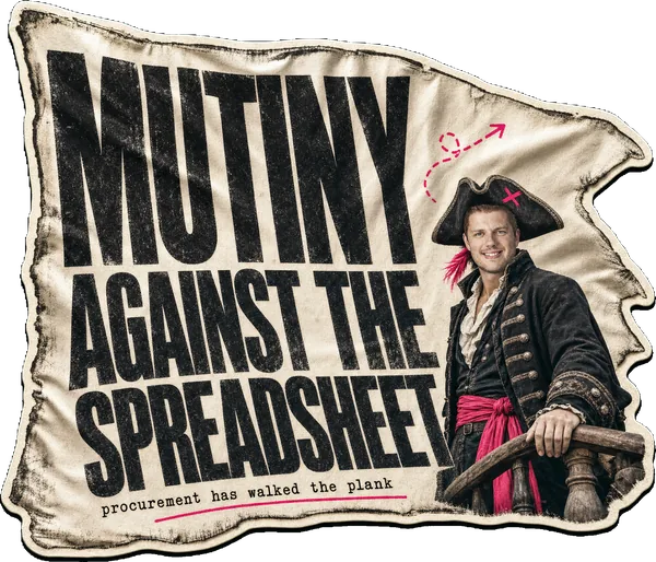 A tattered pirate-flag sticker reading MUTINY AGAINST THE SPREADSHEET, with Alex Morris in a pirate captain's coat.