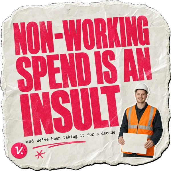 A torn-paper sticker reading NON-WORKING SPEND IS AN INSULT, with Alex Morris in a hi-vis vest and hard hat on a picket line.