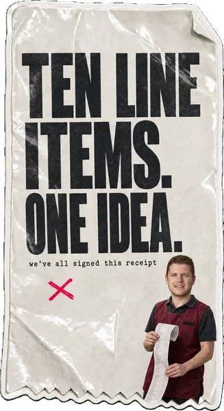 A long receipt-shaped sticker reading TEN LINE ITEMS. ONE IDEA., with Alex Morris as a checkout clerk holding the end of an enormously long receipt.